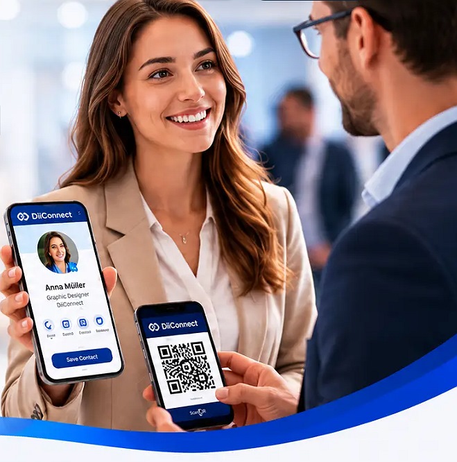 Two professionals exchanging digital contact cards on their phones