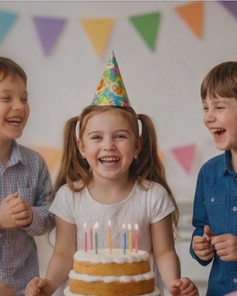 Children celebrating a birthday party with a cake